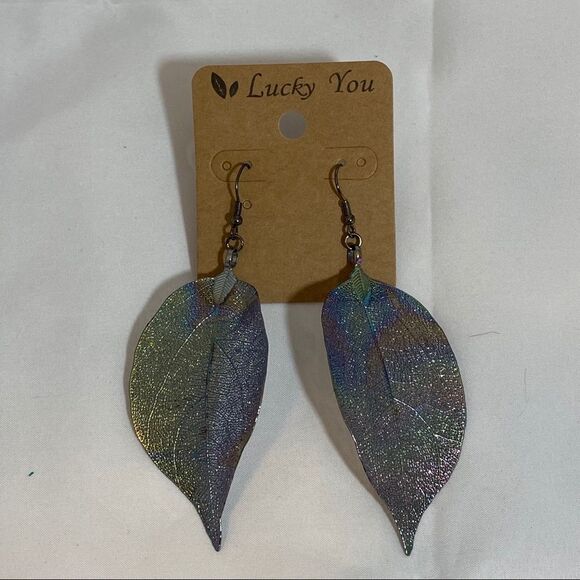 Iridescent Leaf Earrings - Picture 2 of 6